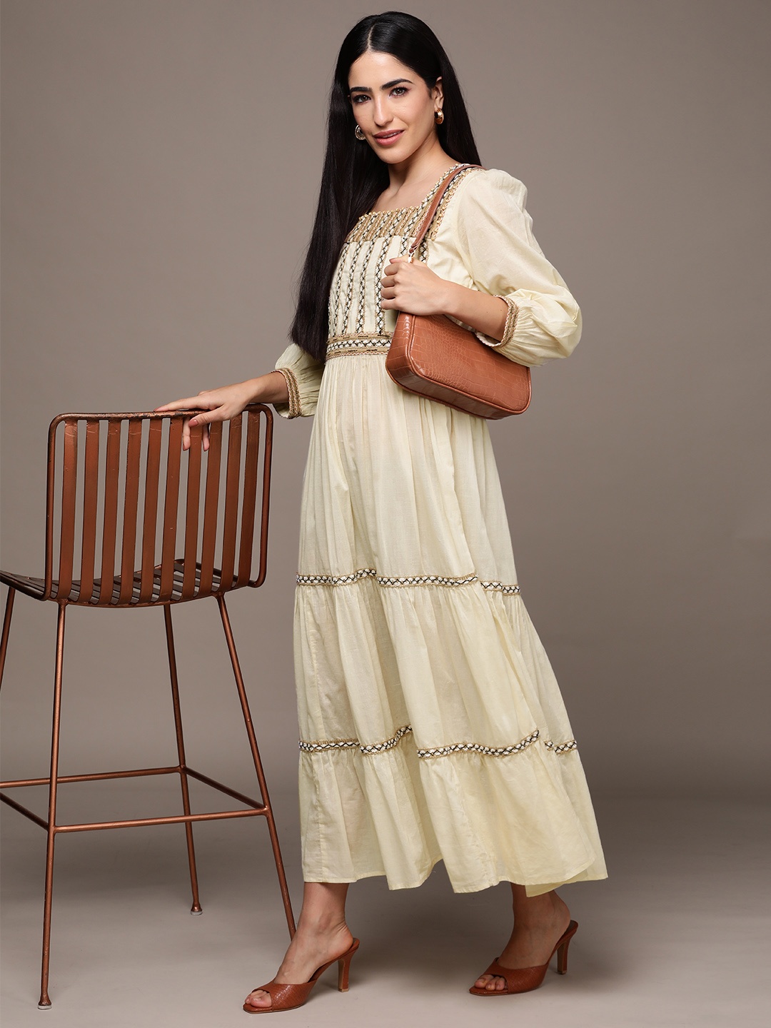 

Ritu Kumar Embroidered Puff Sleeve A-Line Maxi Dress, Off white