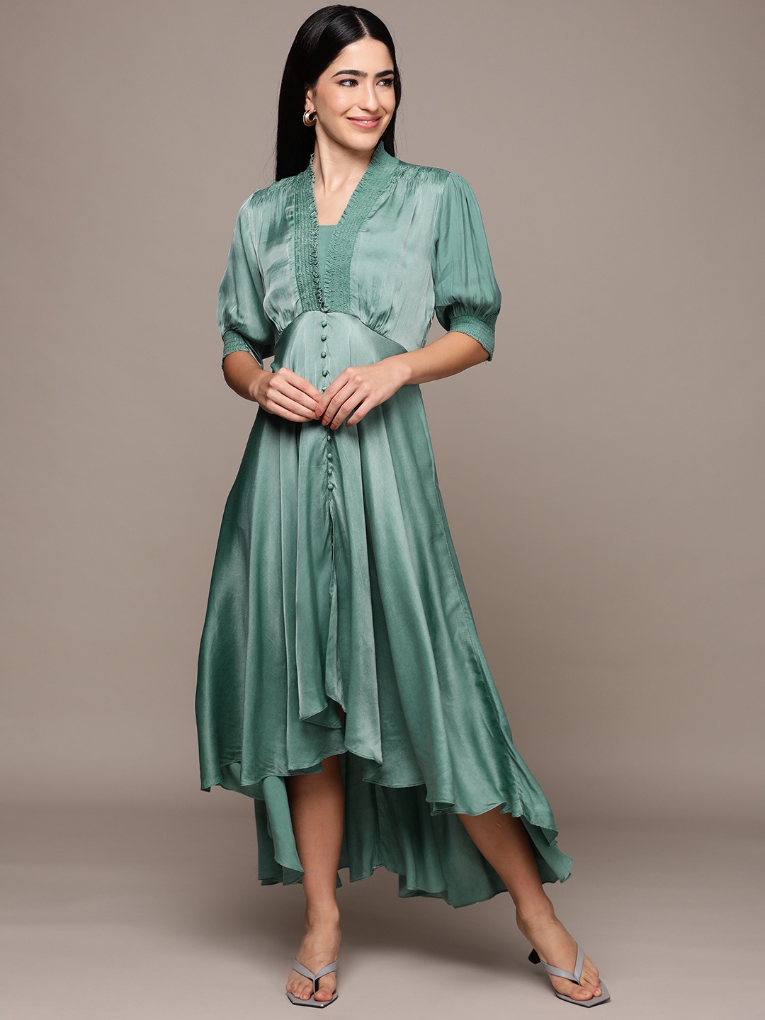 

Ritu Kumar Puff Sleeve Satin A-Line Midi Dress, Green
