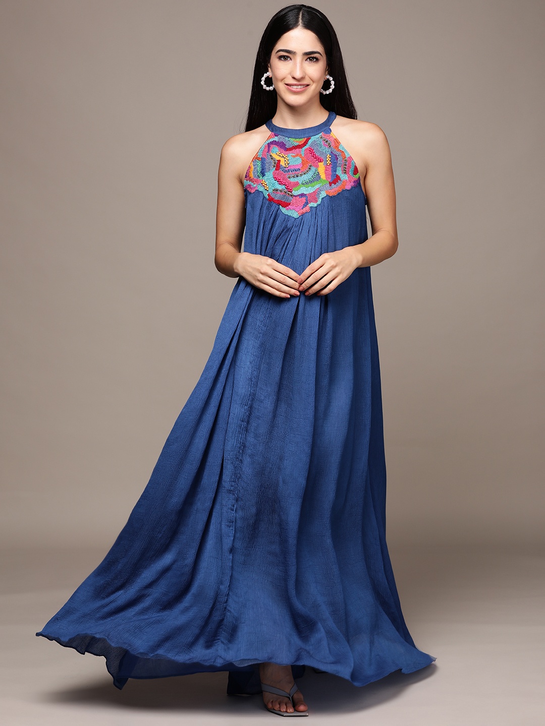

Ritu Kumar Embroidered Halter Neck Satin A-Line Maxi Dress, Blue