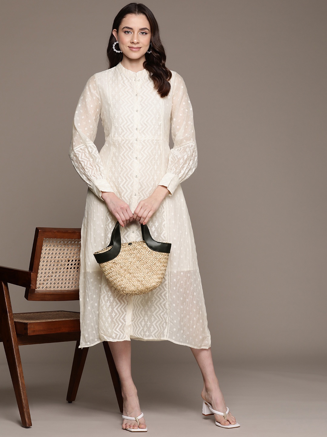 

Ritu Kumar Self Design Bishop Sleeve A-Line Midi Dress, Off white
