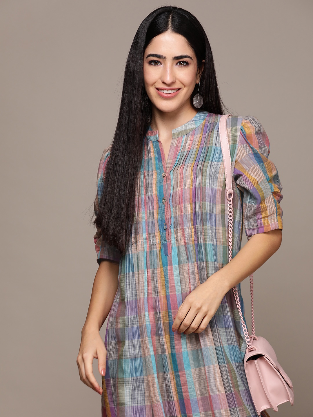 

Ritu Kumar Checked Puff Sleeves Layered A-Line Midi Dress, Multi
