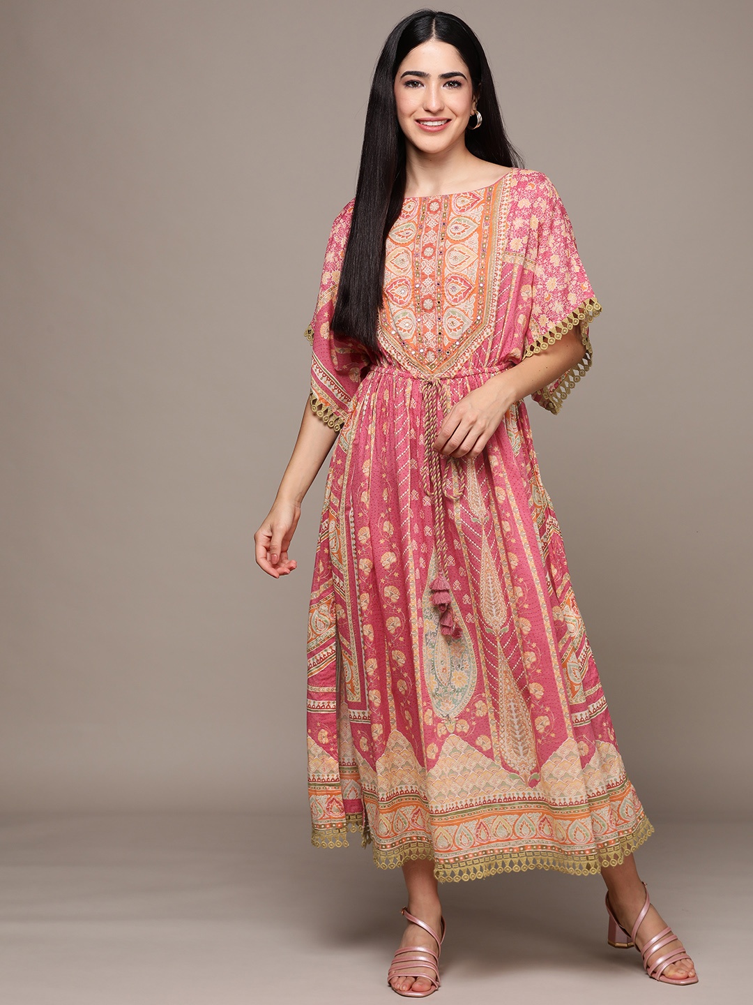 

Ritu Kumar Ethnic Motifs Printed Kimono Sleeve Ethnic Cotton Kaftan Midi Dress, Pink