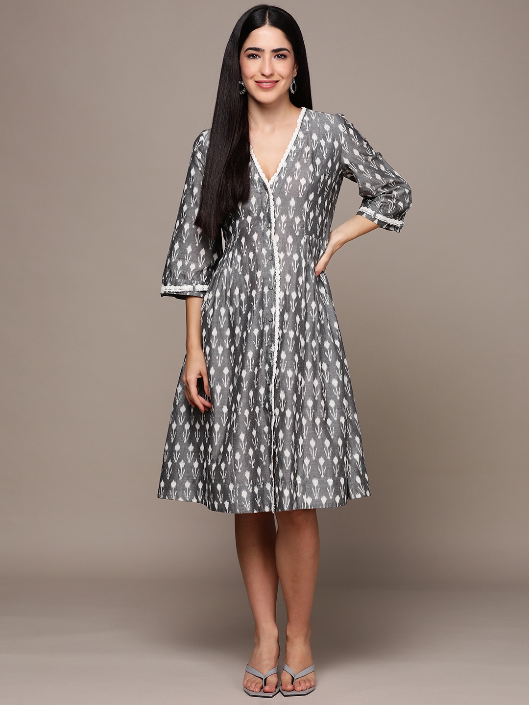 

Ritu Kumar Floral Print A-Line Cotton Midi Dress, Grey