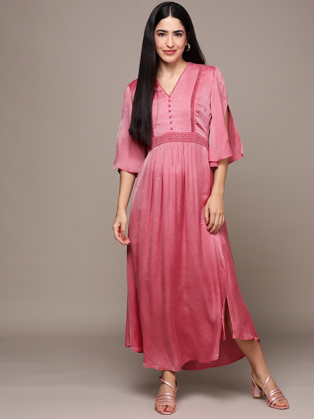

Ritu Kumar Floral Slit Sleeve Satin A-Line Midi Dress with Pintuck Detail, Pink