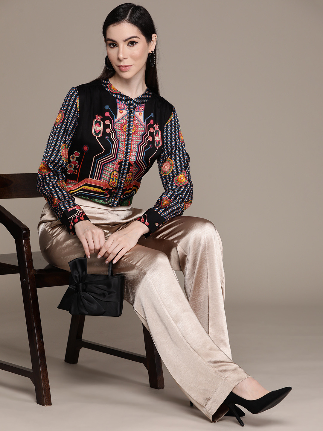

Ritu Kumar Women Comfort Opaque Printed Casual Shirt, Black