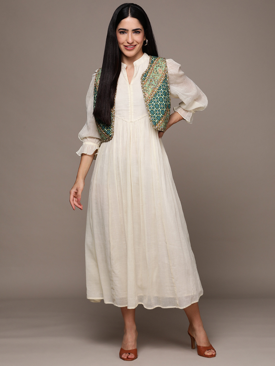 

Ritu Kumar Puff Sleeve A-Line Midi Dress with Jacket, Off white