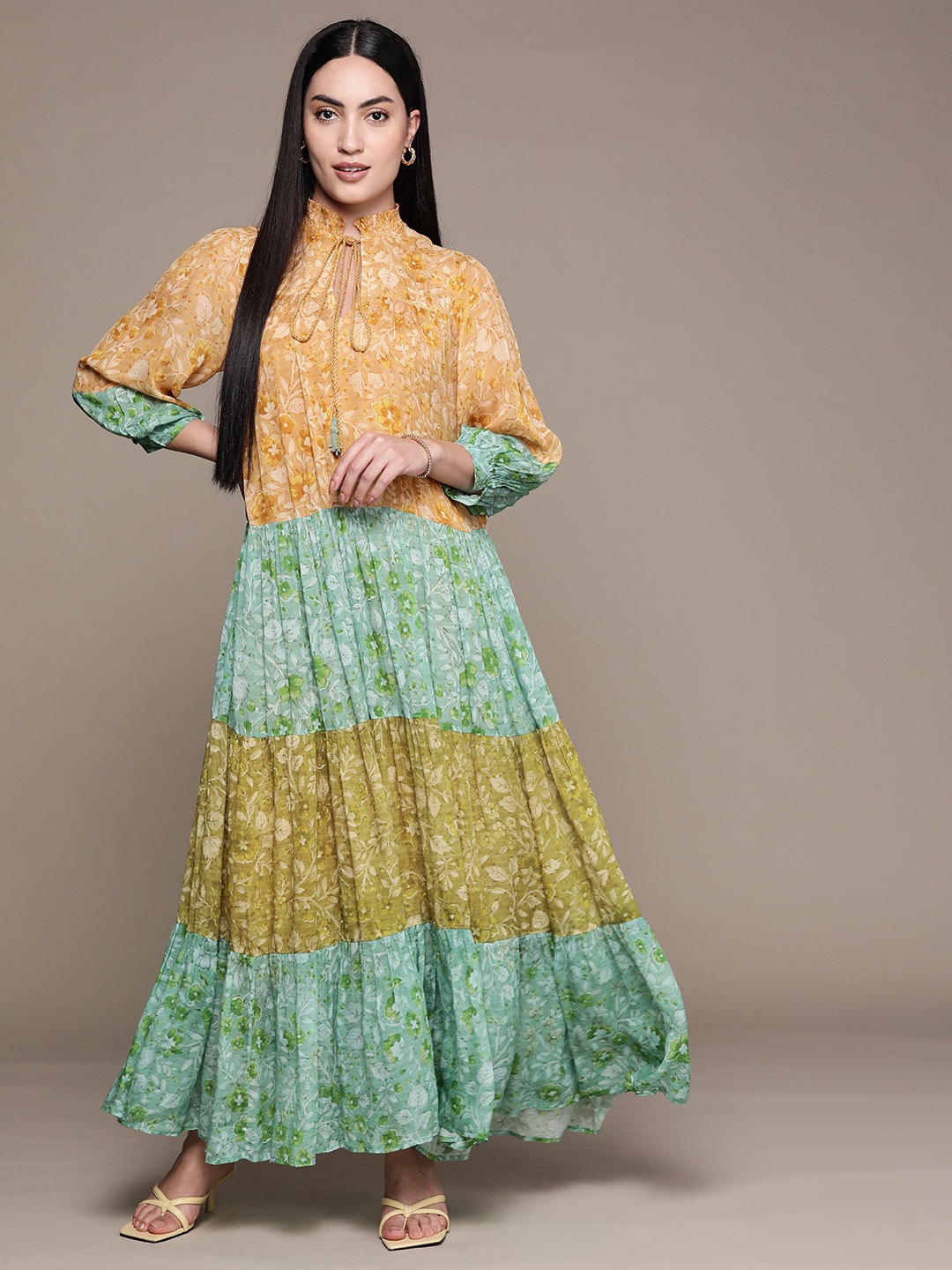 

Ritu Kumar Floral Print Tie-Up Neck Puff Sleeve Chiffon Empire Maxi Dress, Mustard