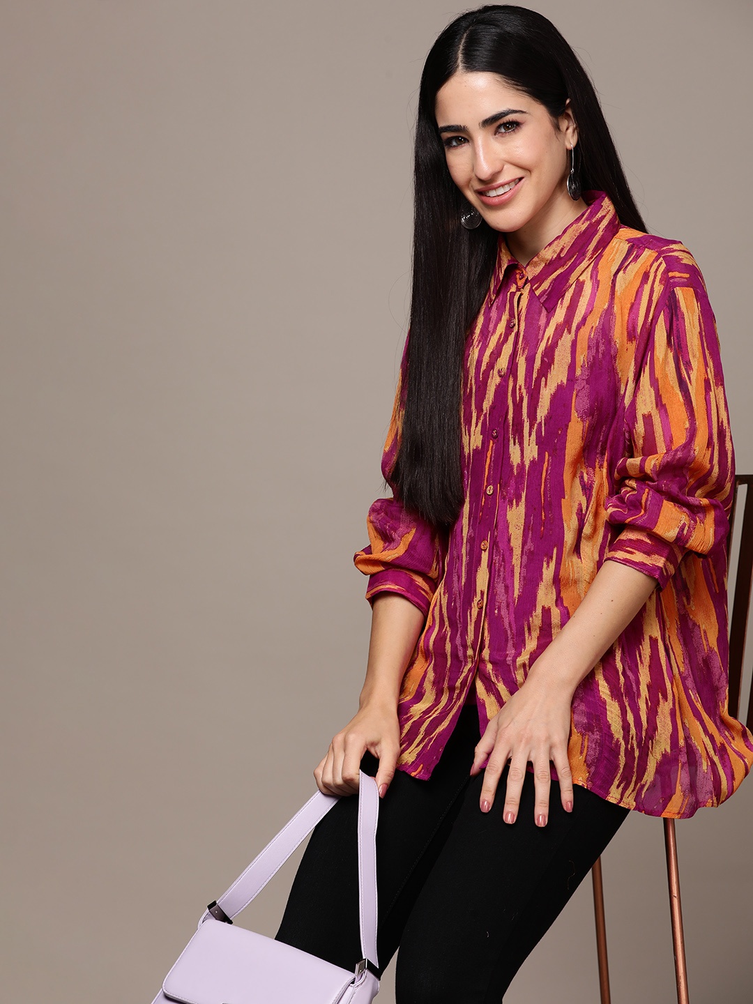 

Ritu Kumar Comfort Tailored Fit Opaque Printed Casual Shirt With Inner, Purple
