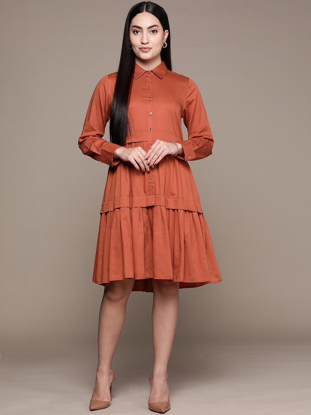 

Ritu Kumar Shirt Dress With Ruffled Hem, Rust