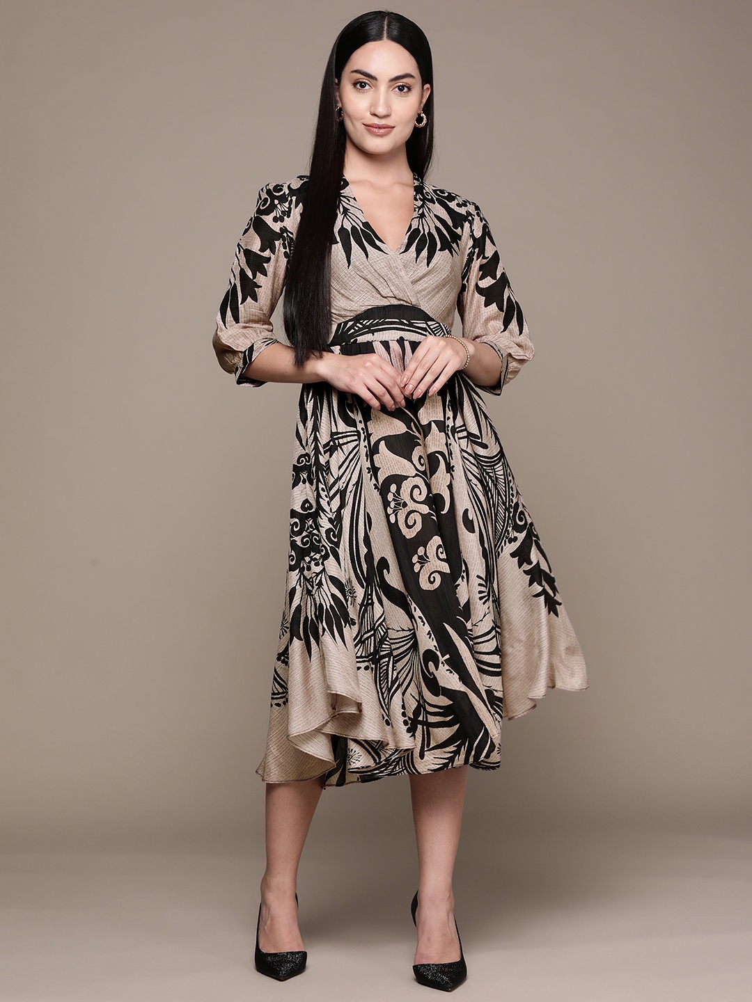 

Ritu Kumar Botanic Print Flared Midi Dress, Black