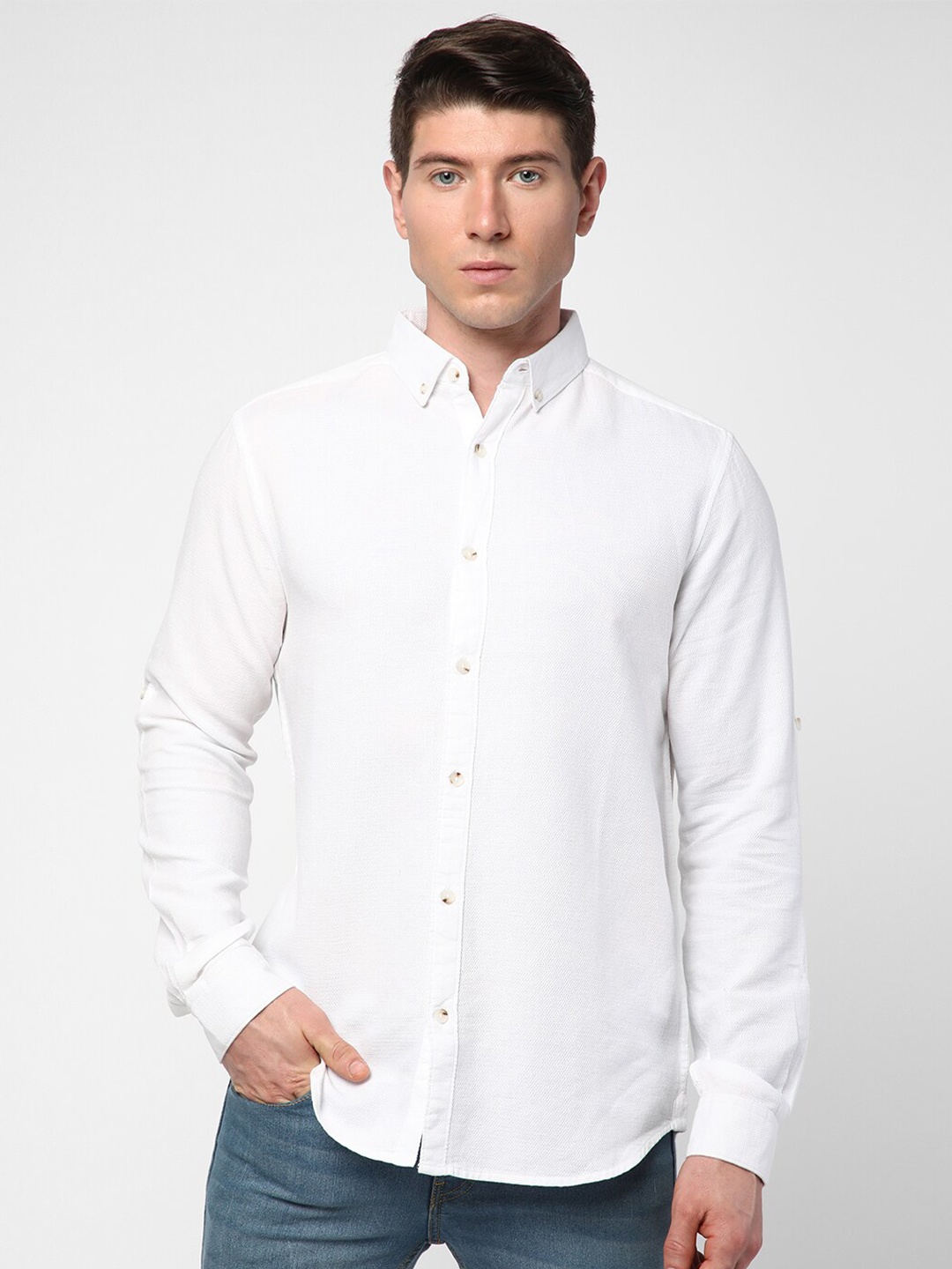 

R&B Textured Button Down Collar Opaque Cotton Casual Shirt, White