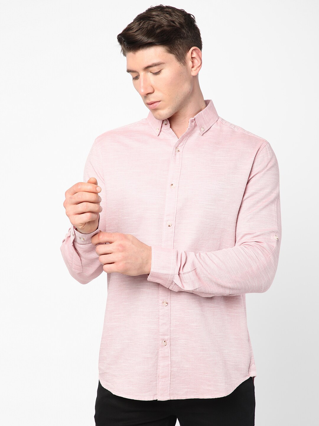 

R&B Textured Button Down Collar Opaque Cotton Casual Shirt, Pink