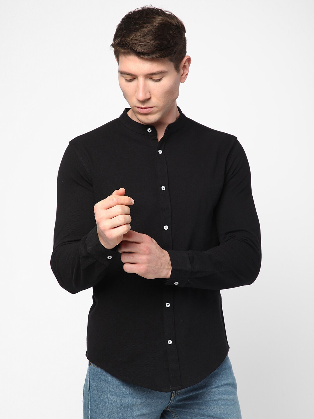 

R&B Band Collar Opaque Cotton Casual Shirt, Black