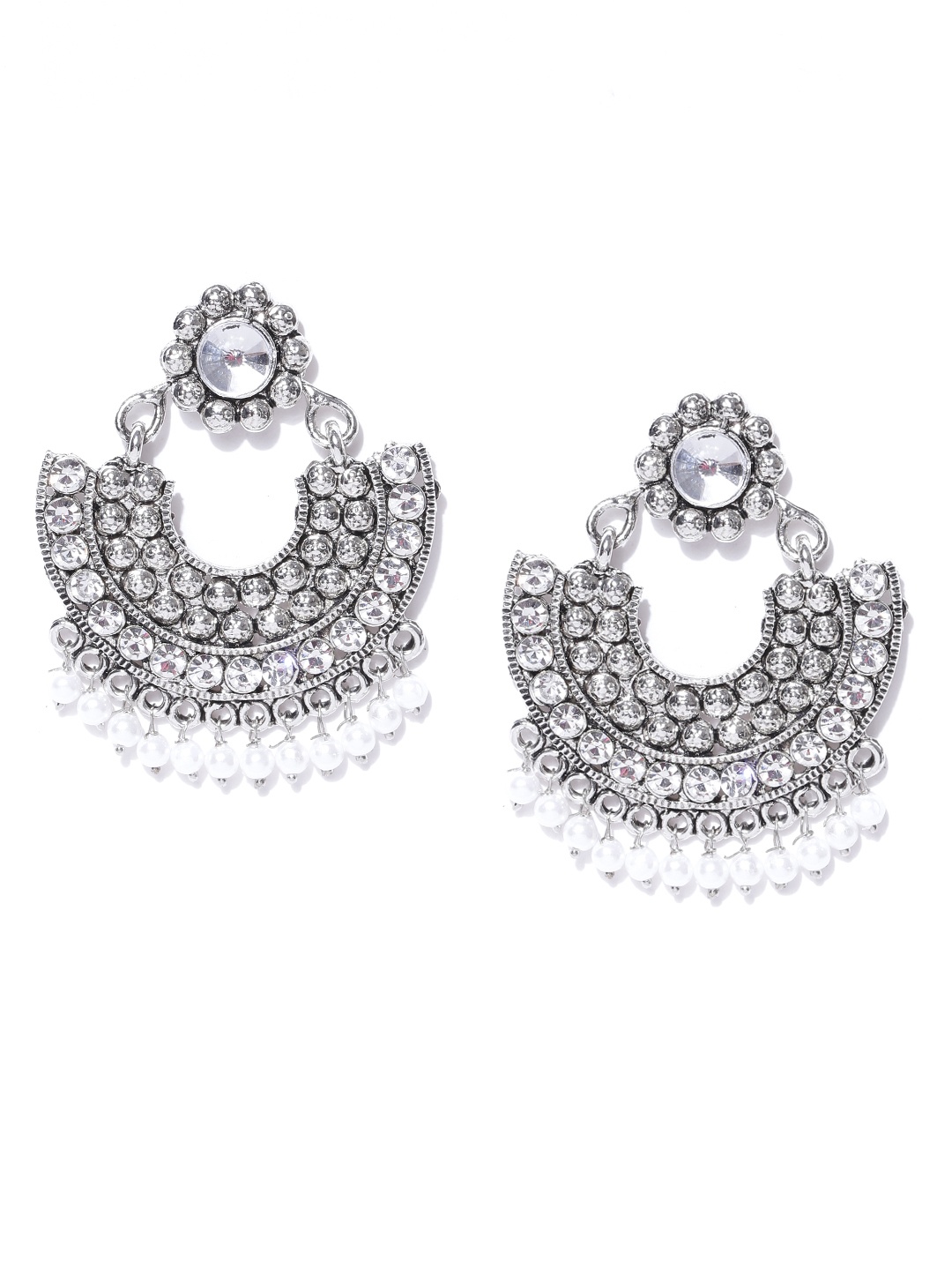 

Zaveri Pearls Oxidised Silver-Plated Stone-Studded Chandbalis