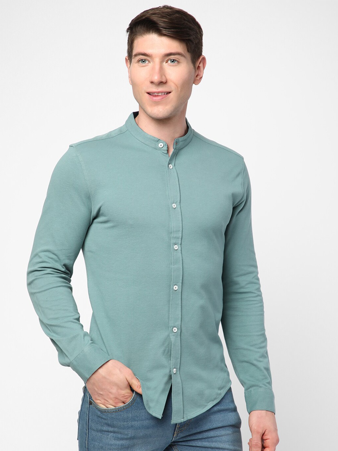 

R&B Textured Band Collar Opaque Cotton Casual Shirt, Sea green