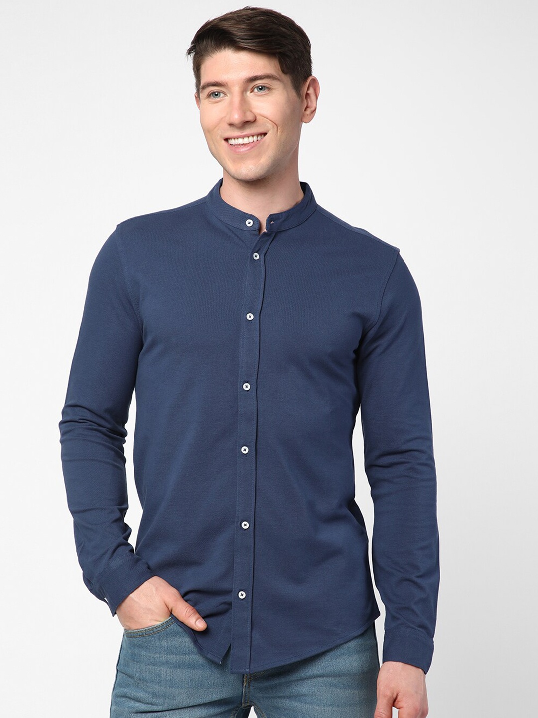 

R&B Textured Band Collar Opaque Cotton Casual Shirt, Navy blue