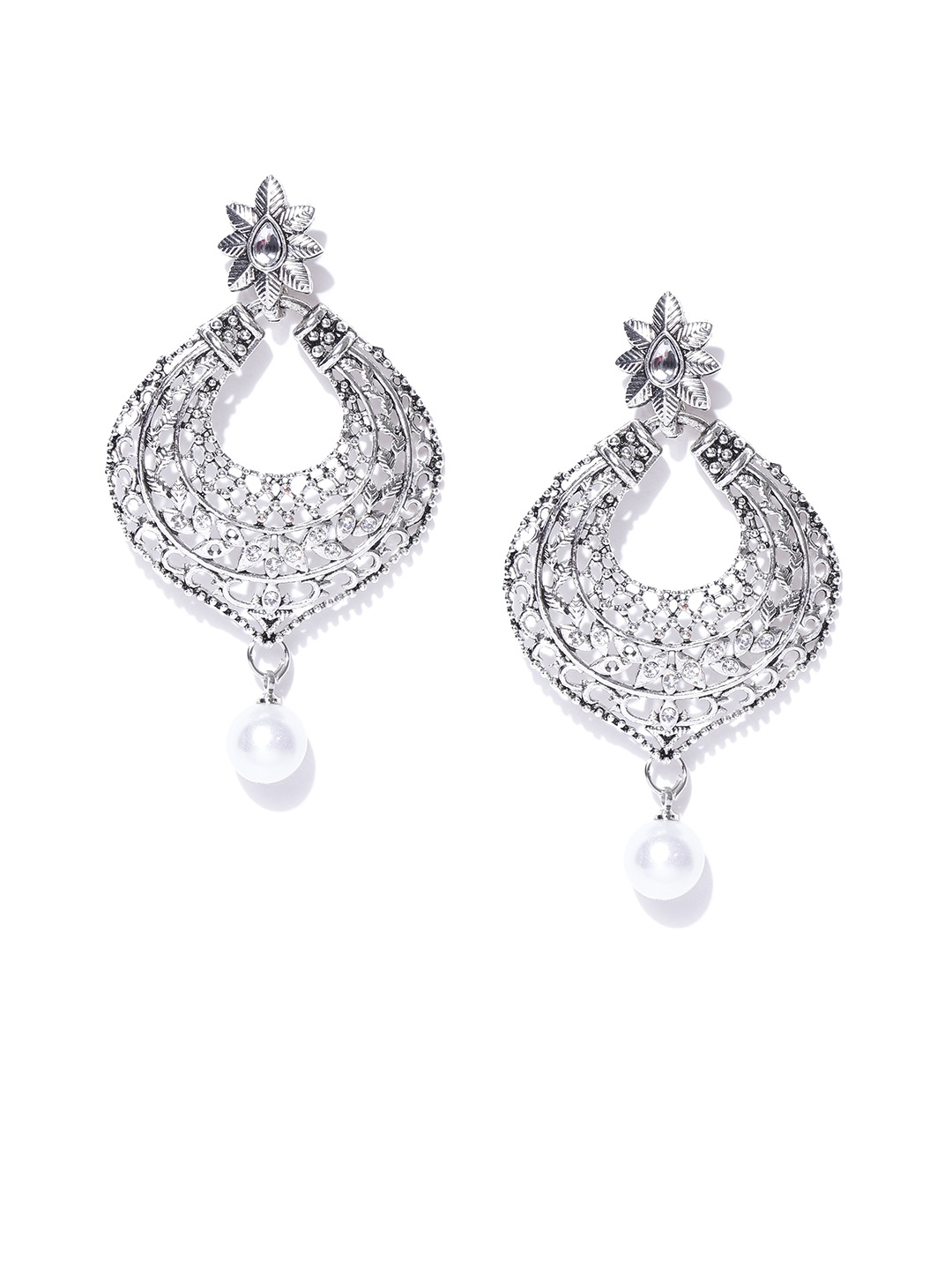 

Zaveri Pearls Oxidised Silver-Plated Stone-Studded Chandbalis