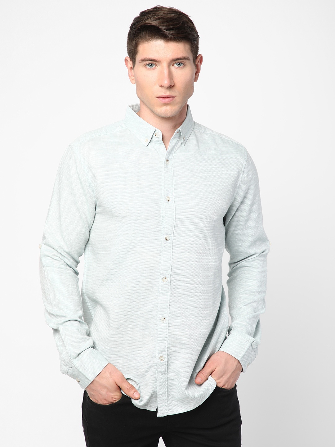 

R&B Textured Button-Down Collar Opaque Cotton Casual Shirt, Sea green
