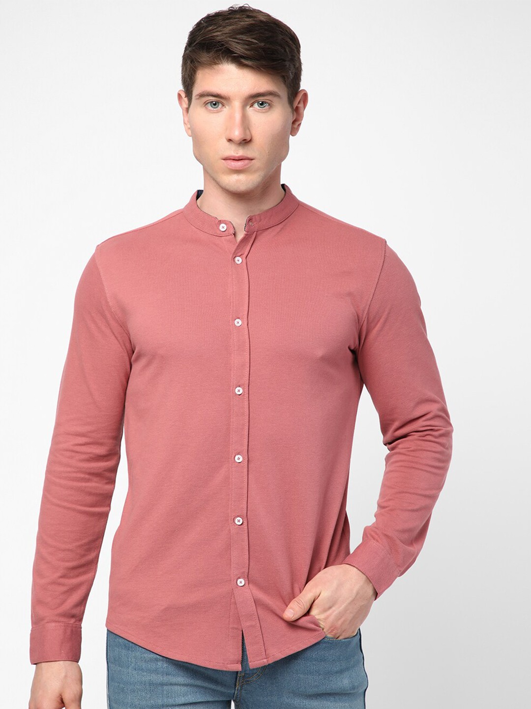 

R&B Textured Band Collar Opaque Cotton Casual Shirt, Peach
