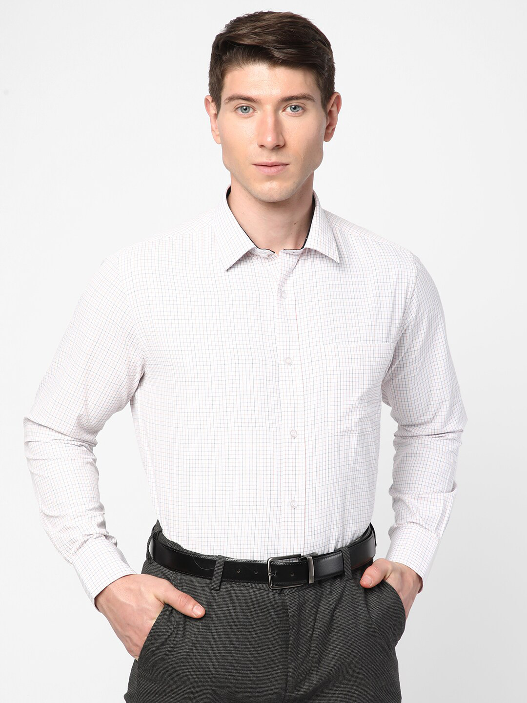 

R&B Grid Tattersall Checks Opaque Checked Spread Collar Formal Shirt, White