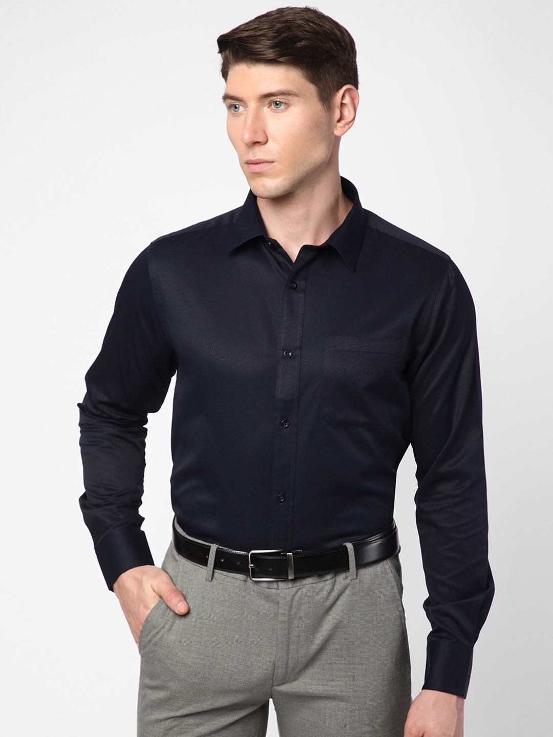 

R&B Textured Spread Collar Opaque Formal Shirt, Navy blue