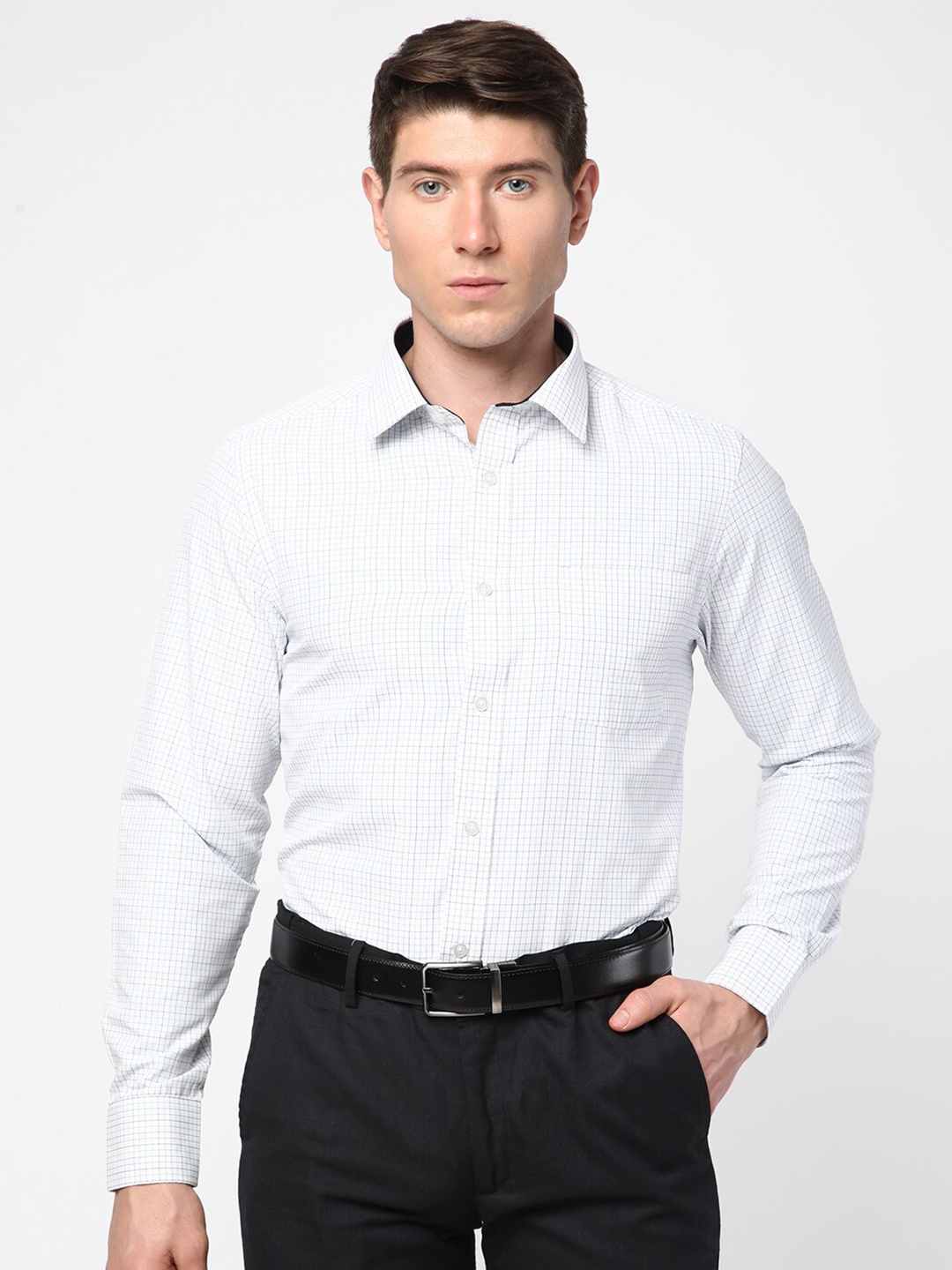 

R&B Grid Tattersall Checked Spread Collar Formal Shirt, White