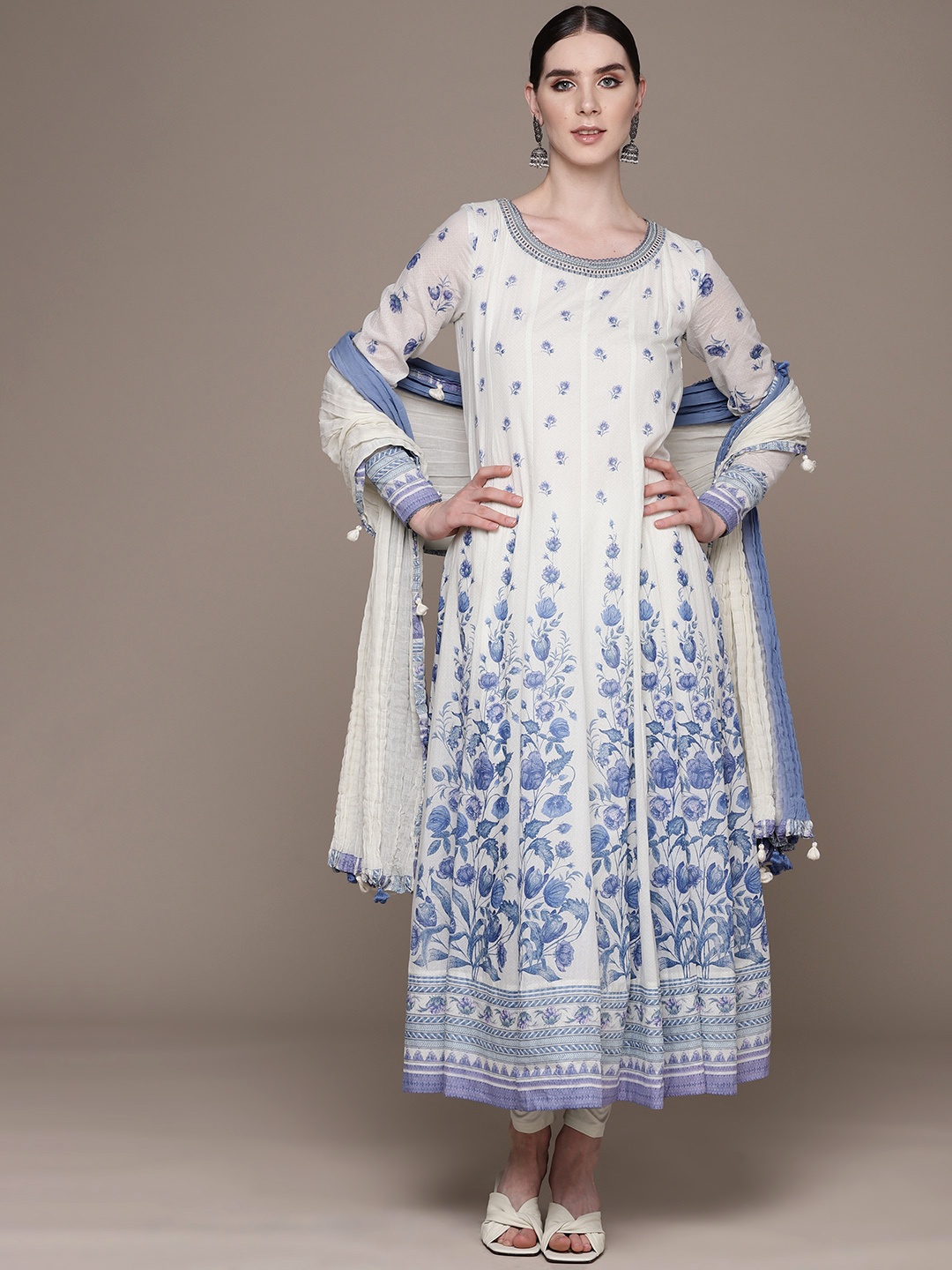 

Ritu Kumar Women Floral Printed Panelled Pure Cotton Kurta With Dupatta, White