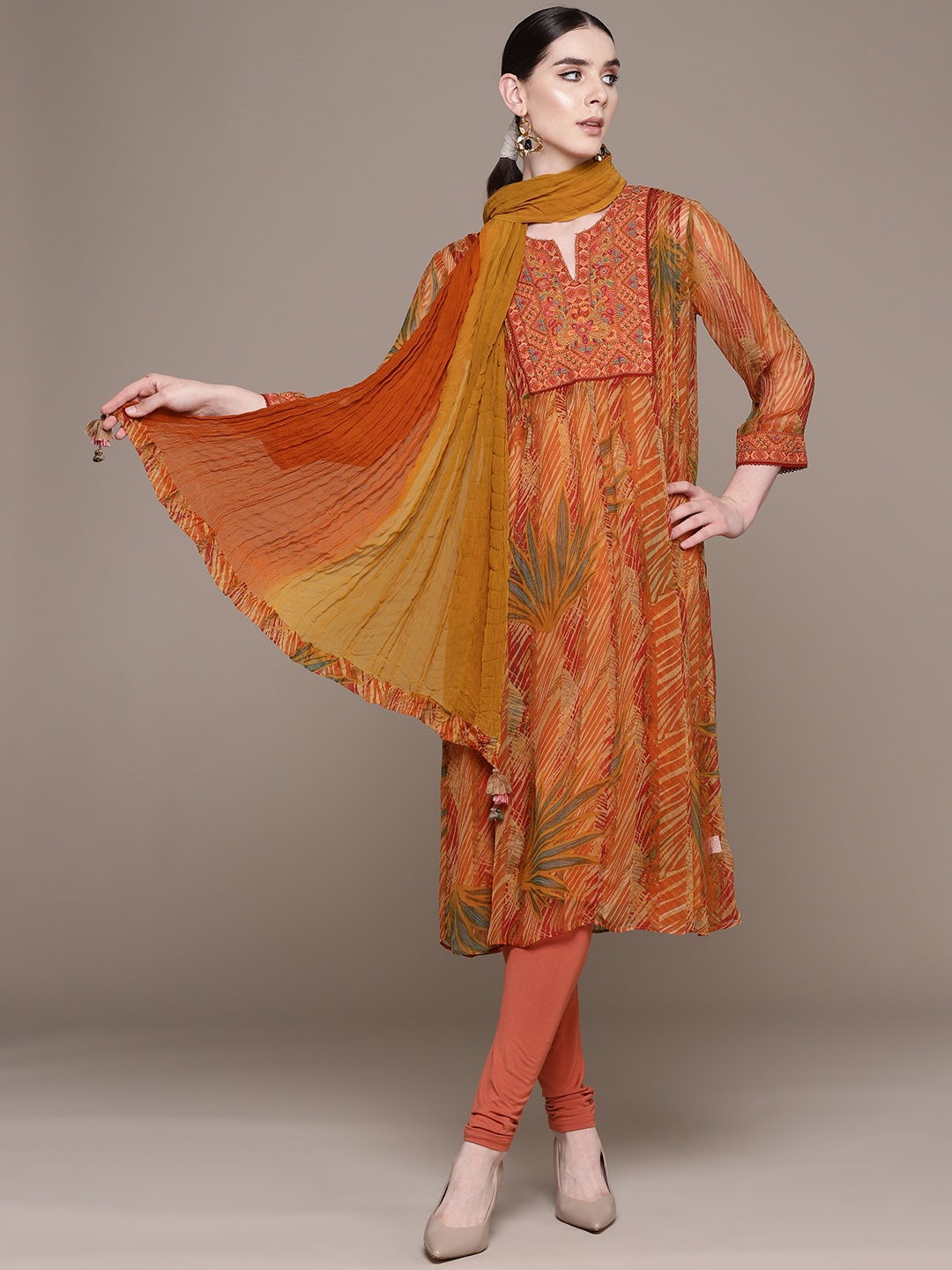

Ritu Kumar Women Floral Yoke Design Panelled Beads and Stones Kurta With Dupatta & Inner, Orange
