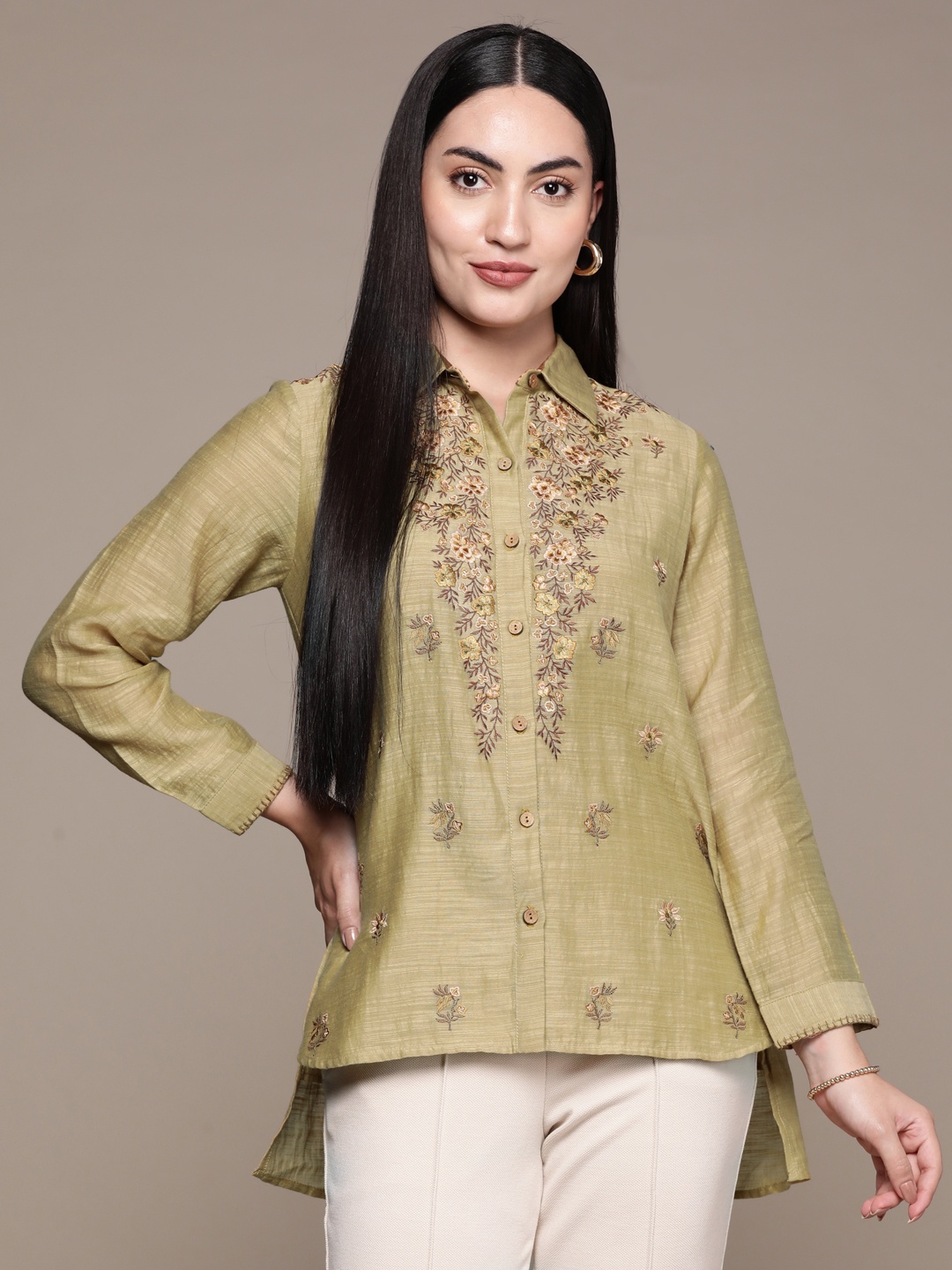 

Ritu Kumar Floral Embroidered Cotton Top, Green