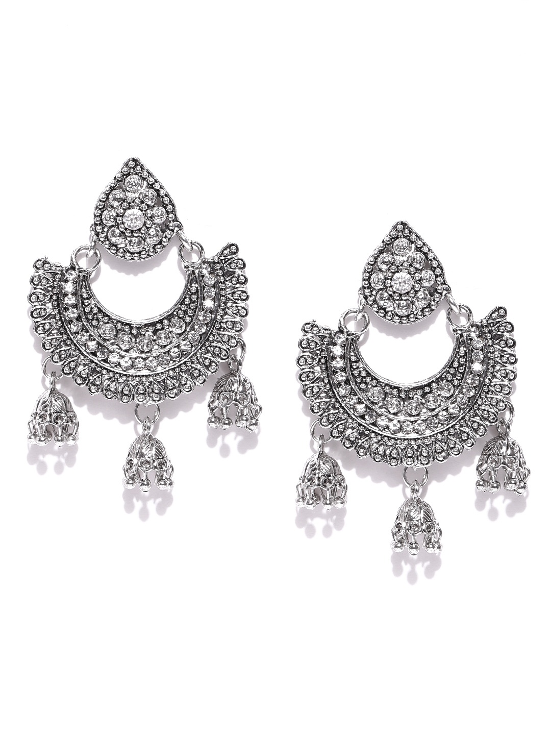 

Zaveri Pearls Oxidised Silver-Toned Crescent Shaped Chandbalis