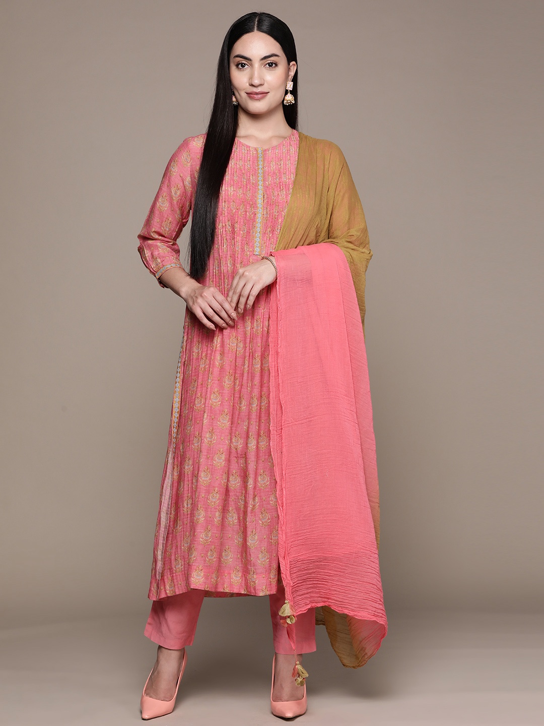 

Ritu Kumar Floral Printed Regular Kurta With Trousers & Dupatta & Inner, Pink