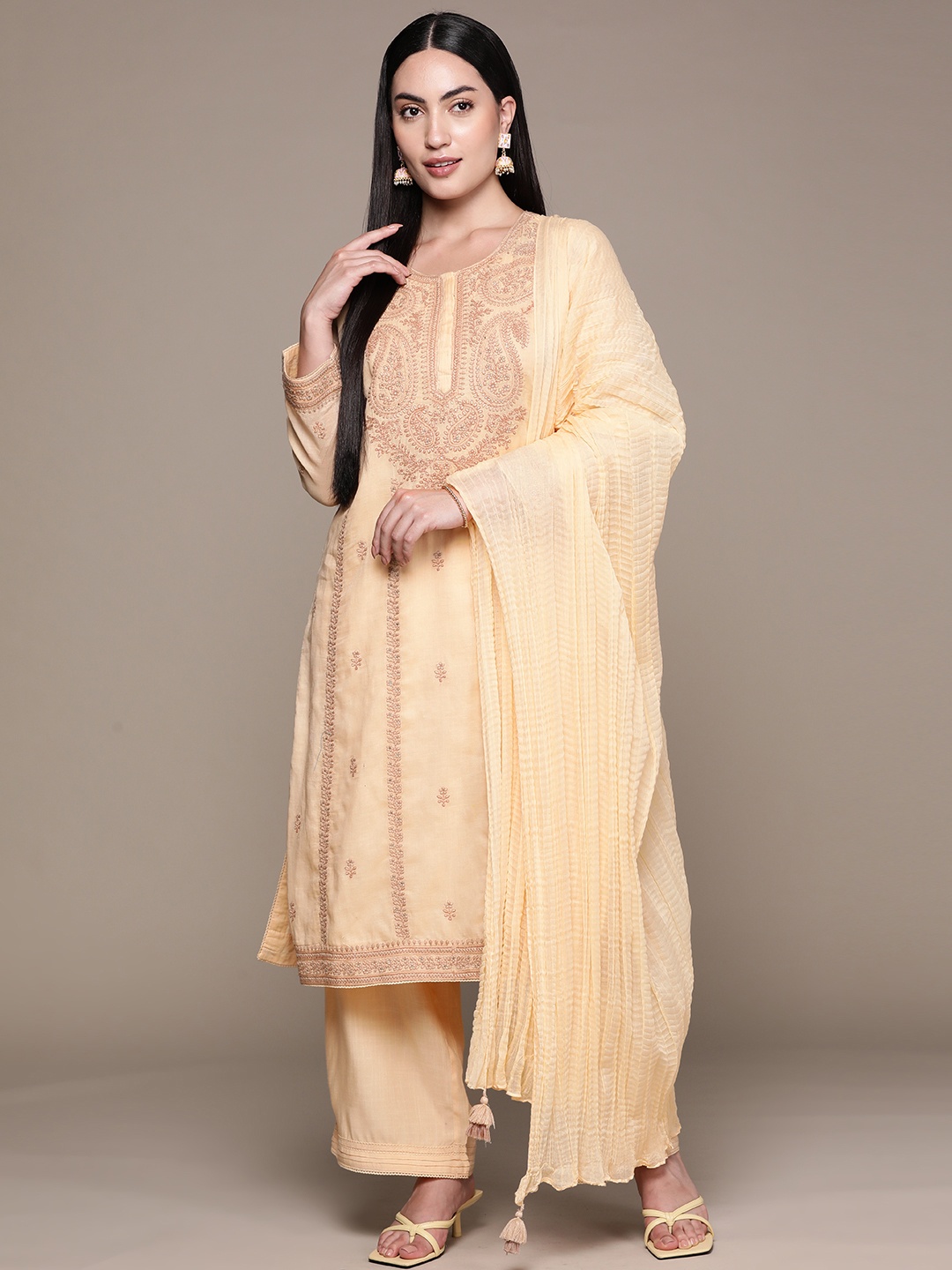 

Ritu Kumar Paisley Embroidered Beads & Stones Pure Cotton Kurta With Palazzos & Dupatta, Beige