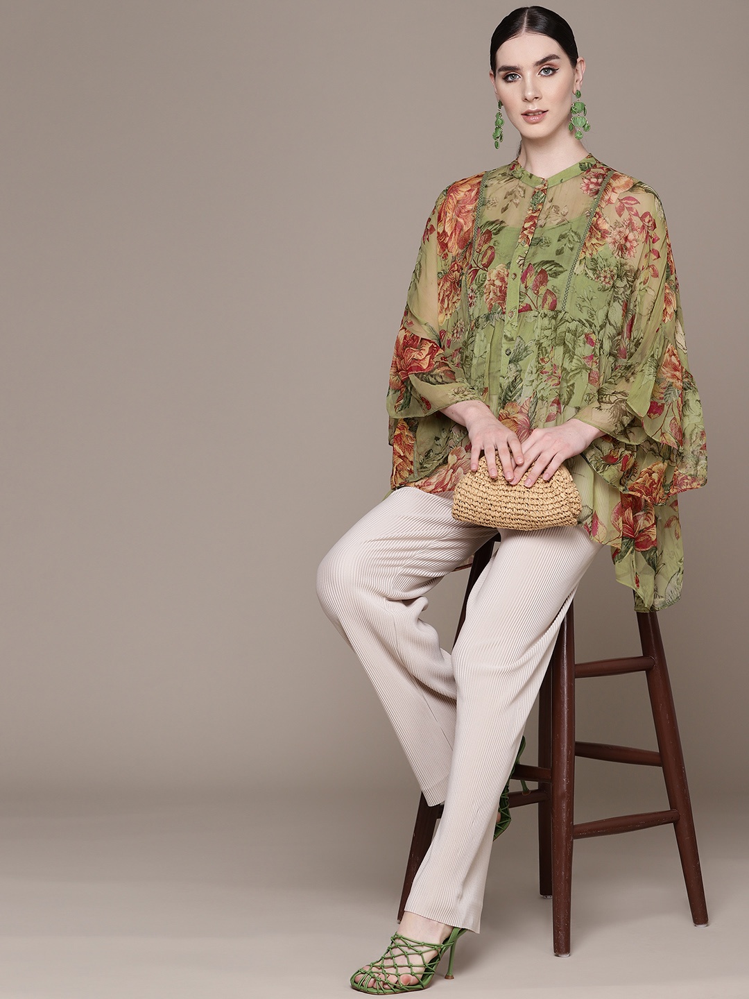 

Ritu Kumar Floral Printed Bell Sleeves Pleated Kurti with Camisole, Green