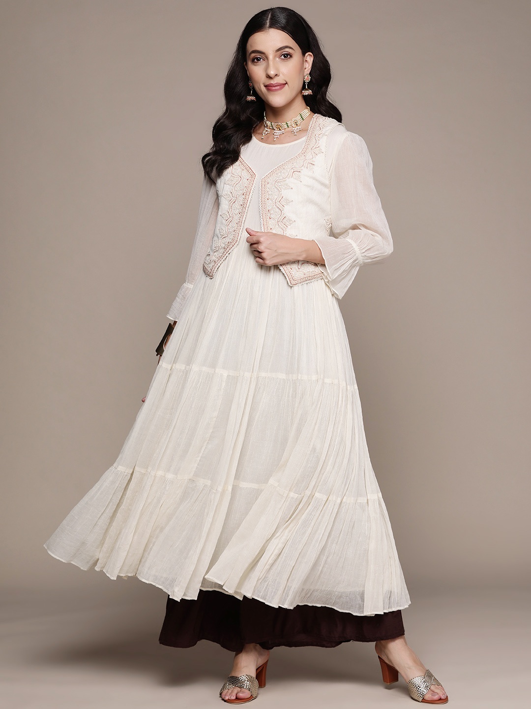

Ritu Kumar Bell Sleeves Anarkali Kurta With Jacket, Off white