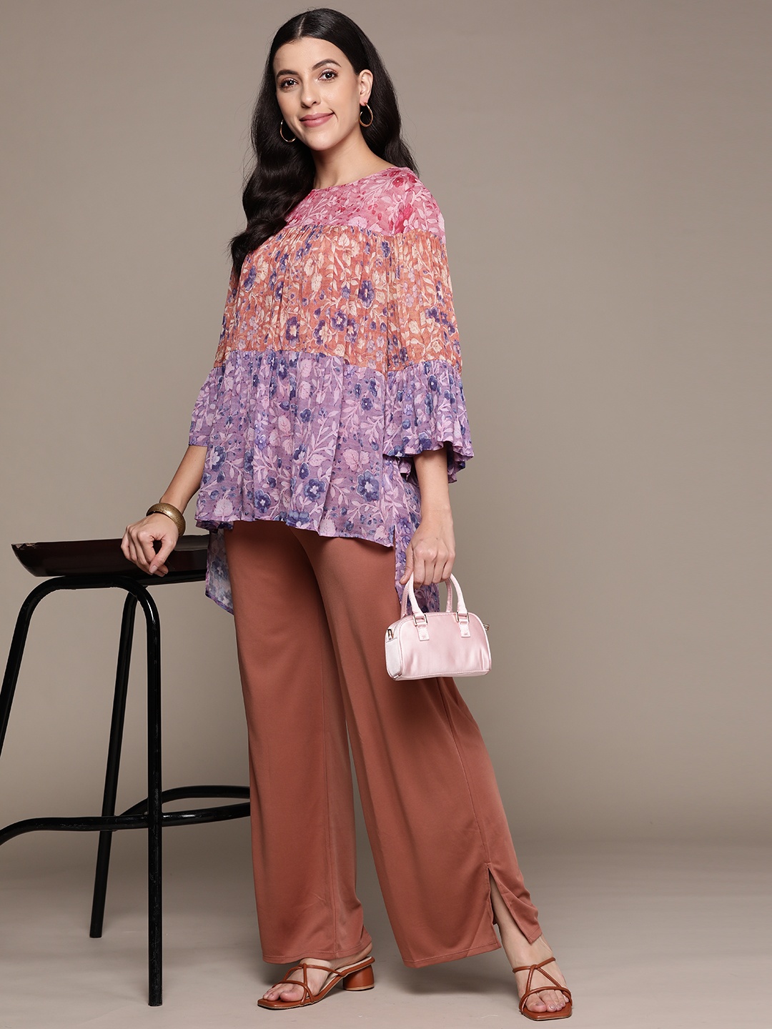 

Ritu Kumar Floral Colourblocked Flared Sleeves Top With Inner, Purple