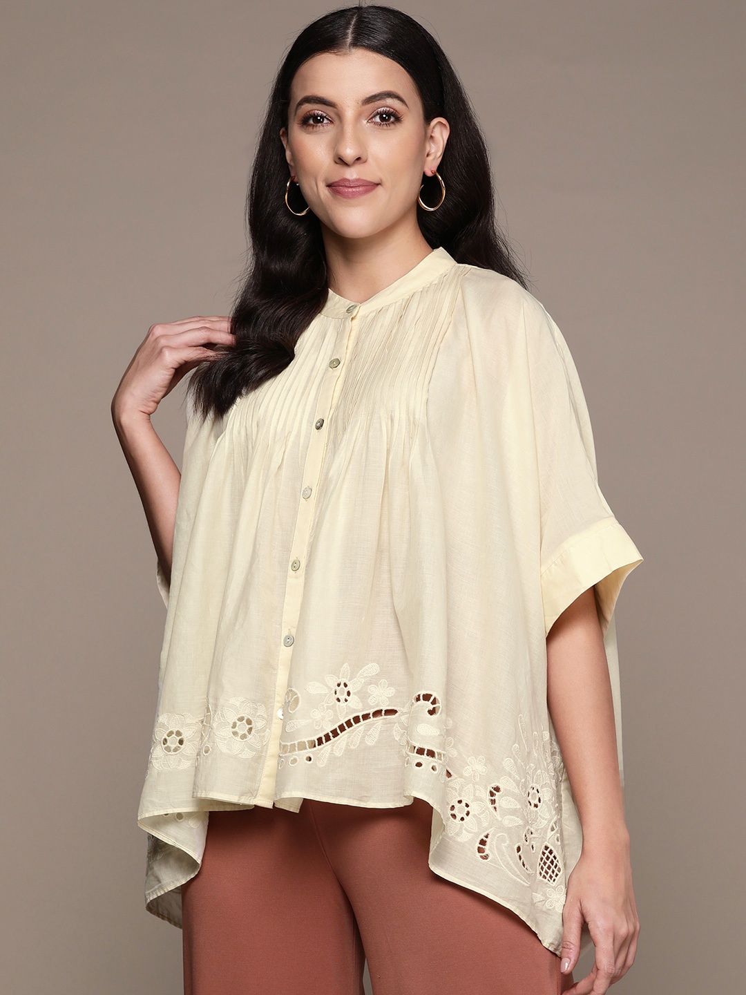 

Ritu Kumar Floral Embroidered Mandarin Collar Cotton Boxy Top, Off white