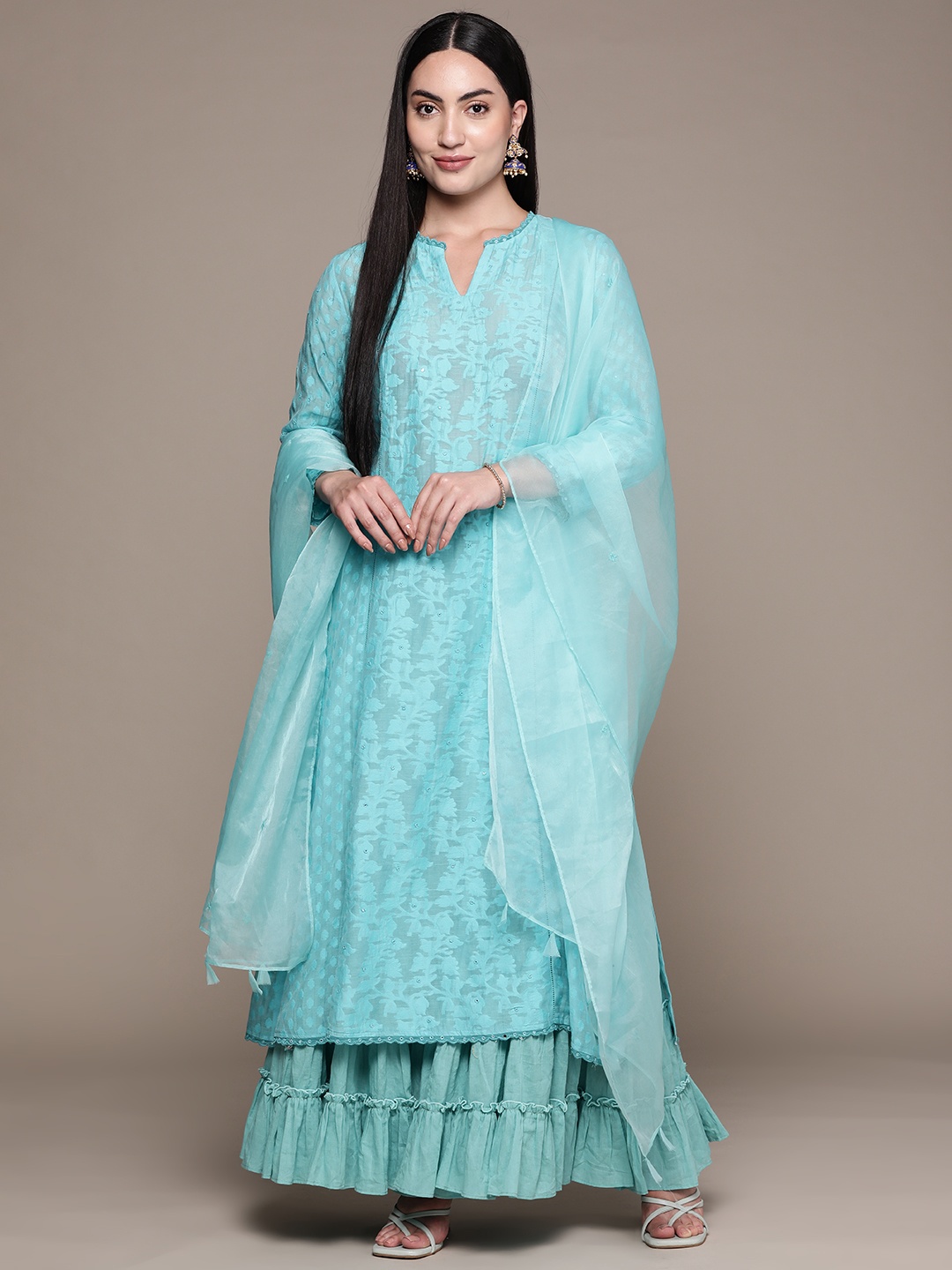 

Ritu Kumar Floral Panelled Mirror Work Kurta With Sharara & Dupatta & Inner, Blue