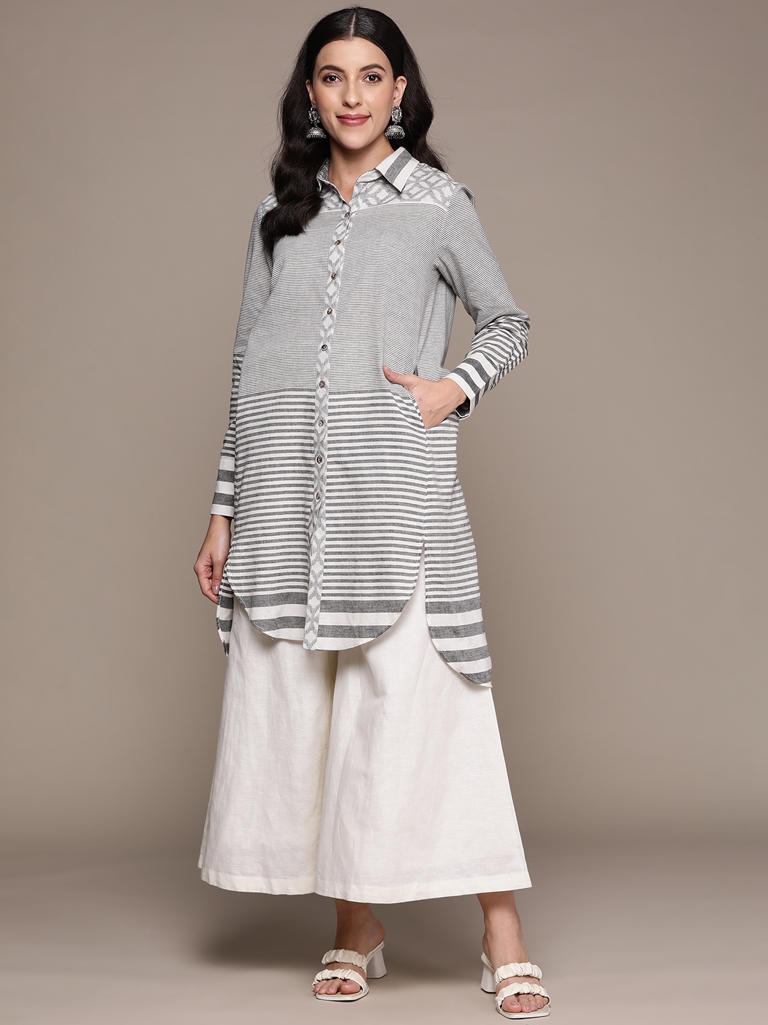 

Ritu Kumar Striped Shirt Collar Pure Georgette Kurti, Grey