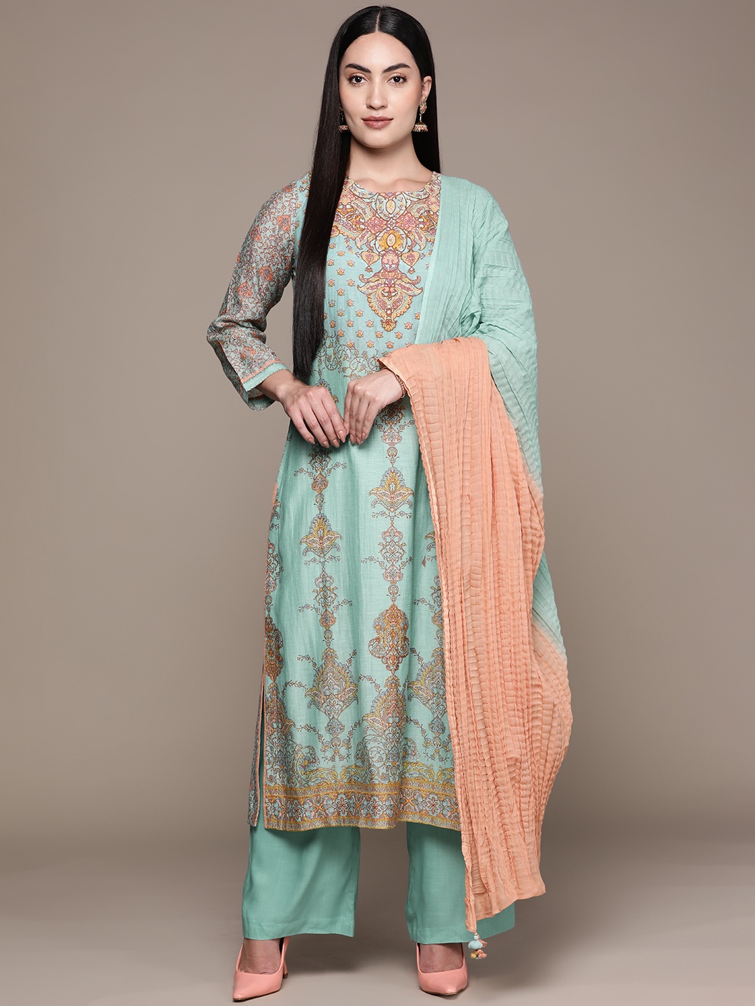 

Ritu Kumar Printed Regular Kurta With Palazzos & With Dupatta, Turquoise blue