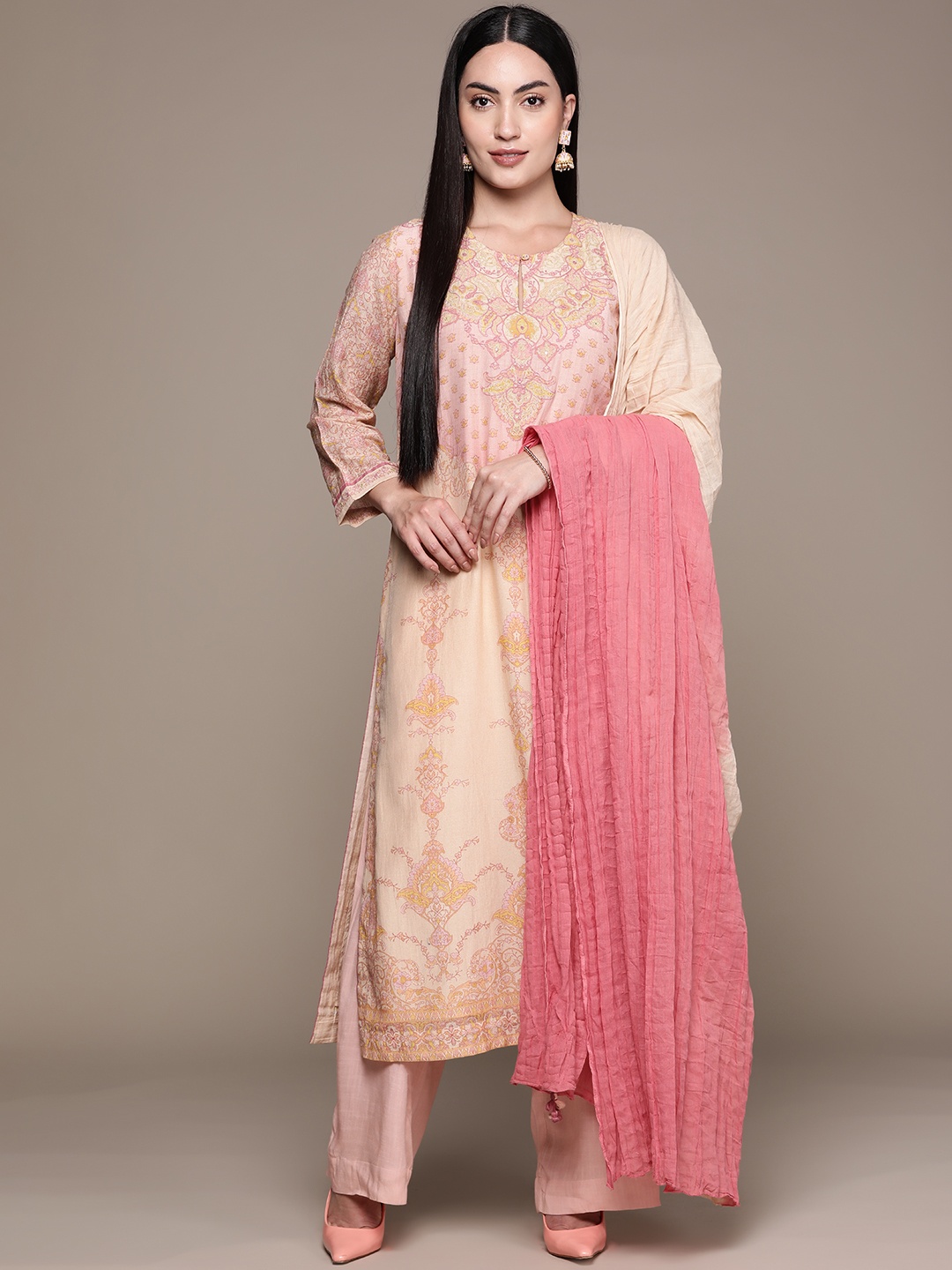 

Ritu Kumar Ethnic Motifs Embroidered Regular Mirror Work Kurta With Palazzos & Dupatta, Beige