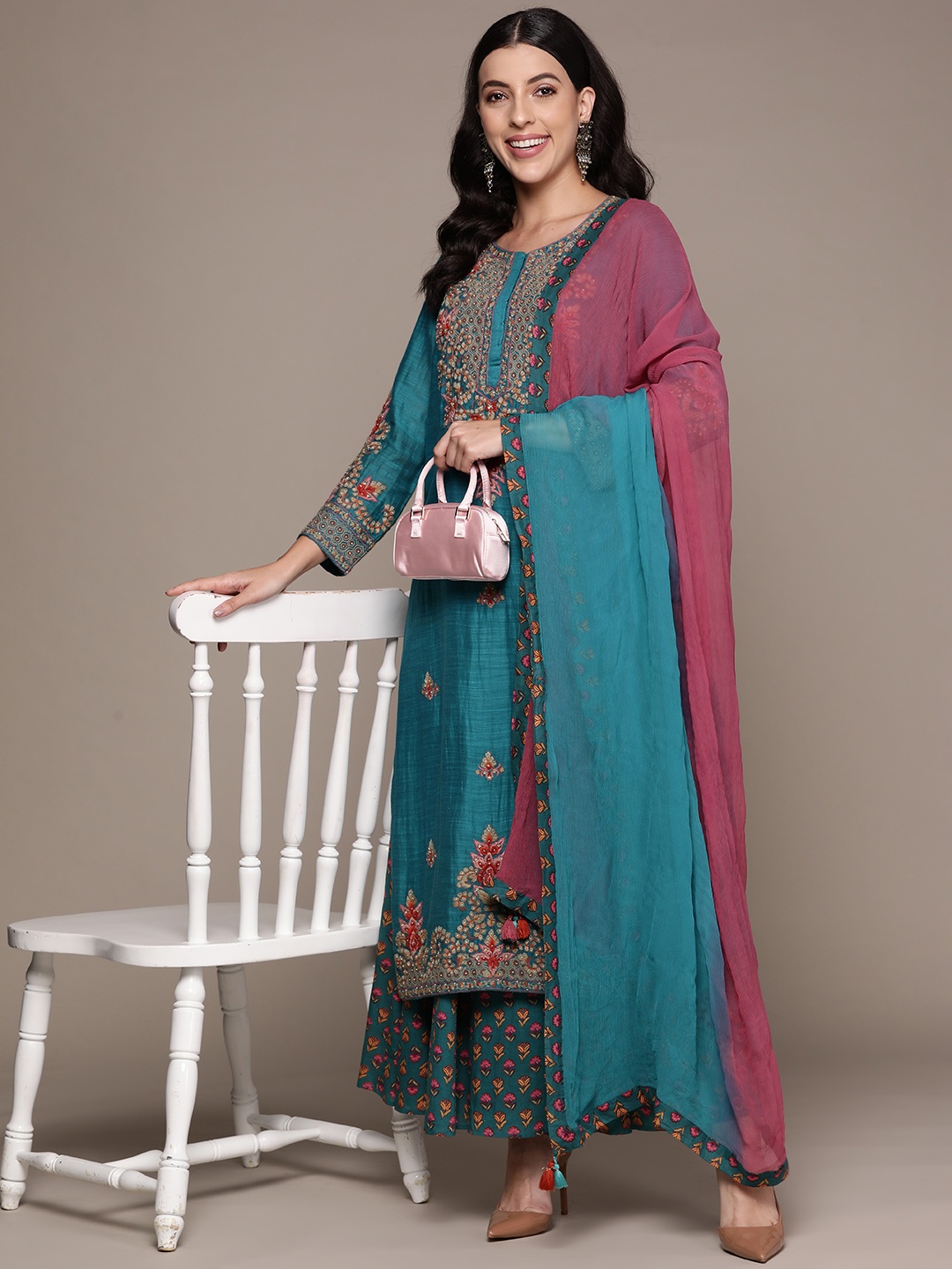 

Ritu Kumar Floral Embroidered Chanderi Cotton Kurta With Palazzos & With Dupatta, Teal
