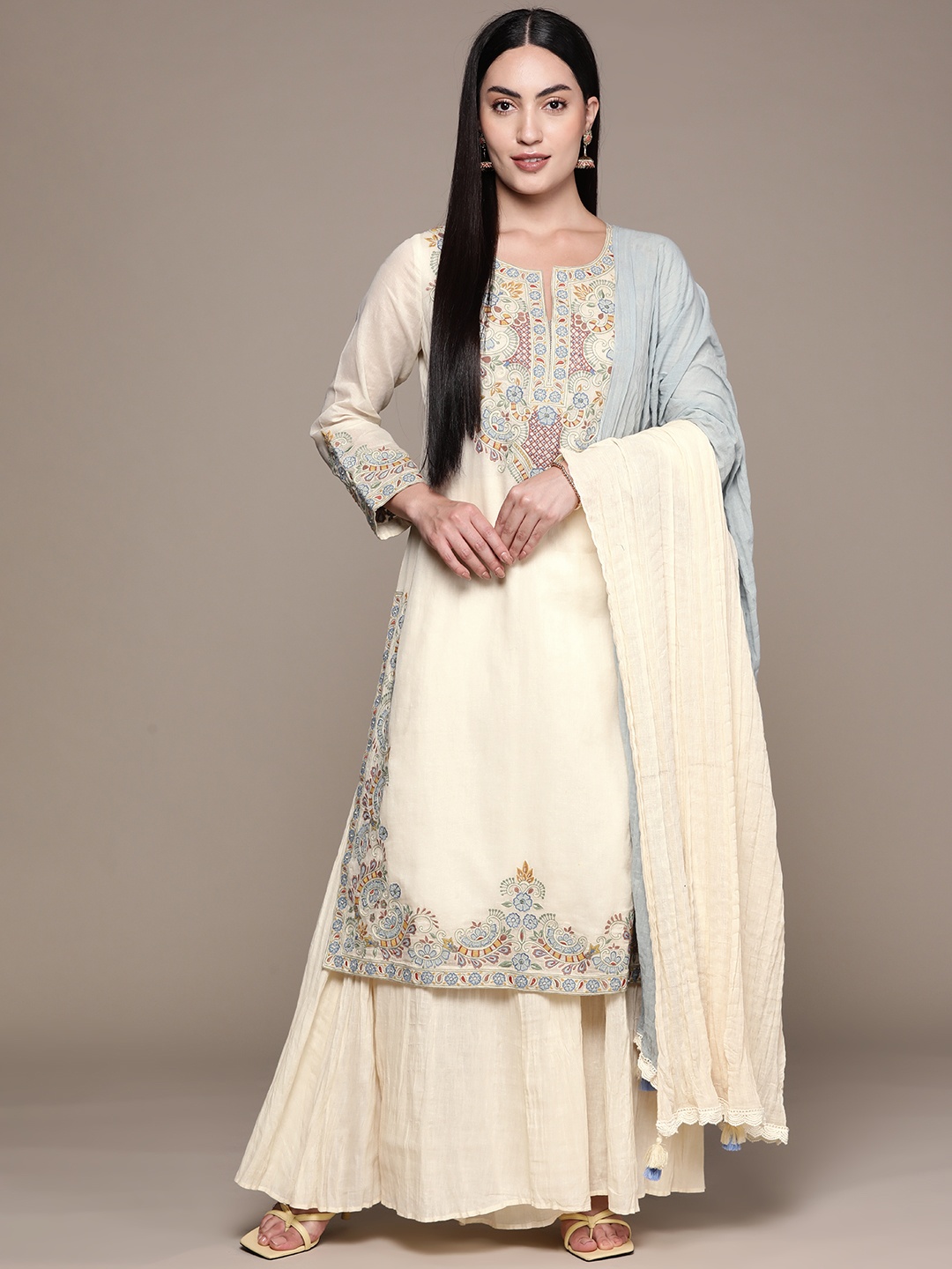 

Ritu Kumar Floral Embroidered Thread Work Pure Cotton Kurta With Palazzos & With Dupatta, Off white