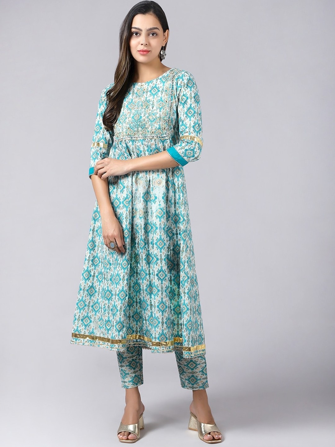 

ERISHA Ethnic Motifs Gotta Patti Kurta with Trousers & Dupatta, Turquoise blue