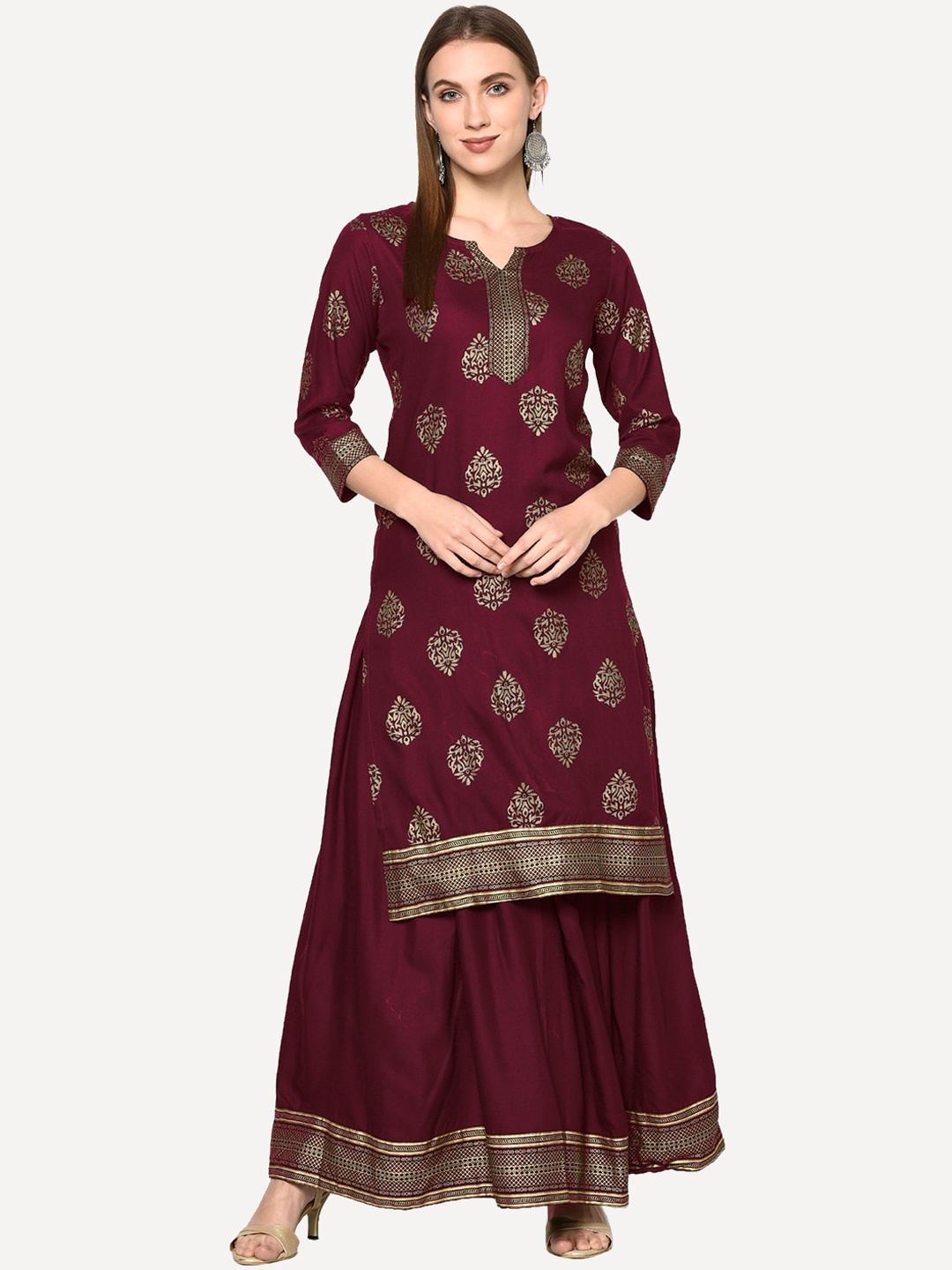 

ERISHA Ethnic Motifs Printed Straight Kurta with Skirt, Burgundy