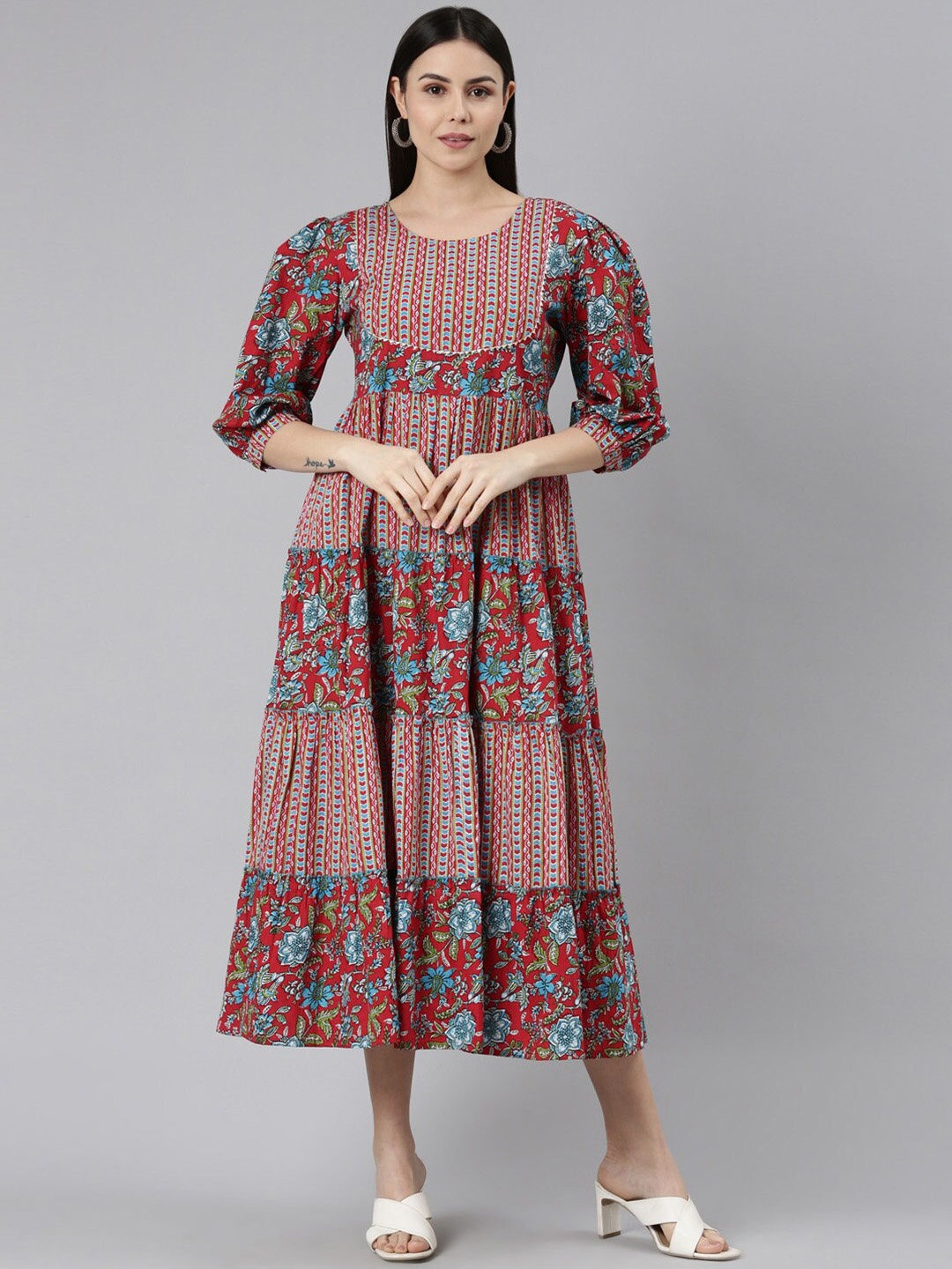 

ERISHA Floral Printed Puff Sleeves A-Line Cotton Ethnic Dress, Maroon