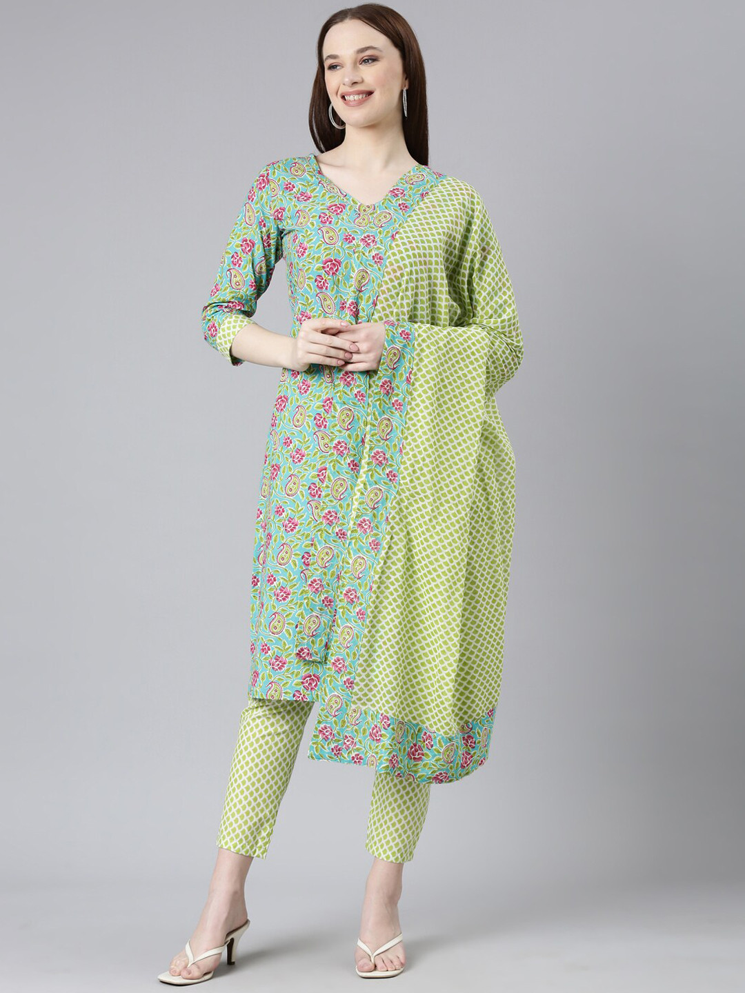 

ERISHA Floral Printed Gotta Patti Pure Cotton Kurta with Trousers & Dupatta, Turquoise blue