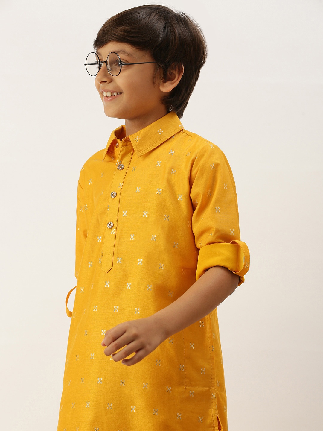 

PIPIN Boys Woven Design Shirt Collar Roll Up Sleeves Kurta, Yellow