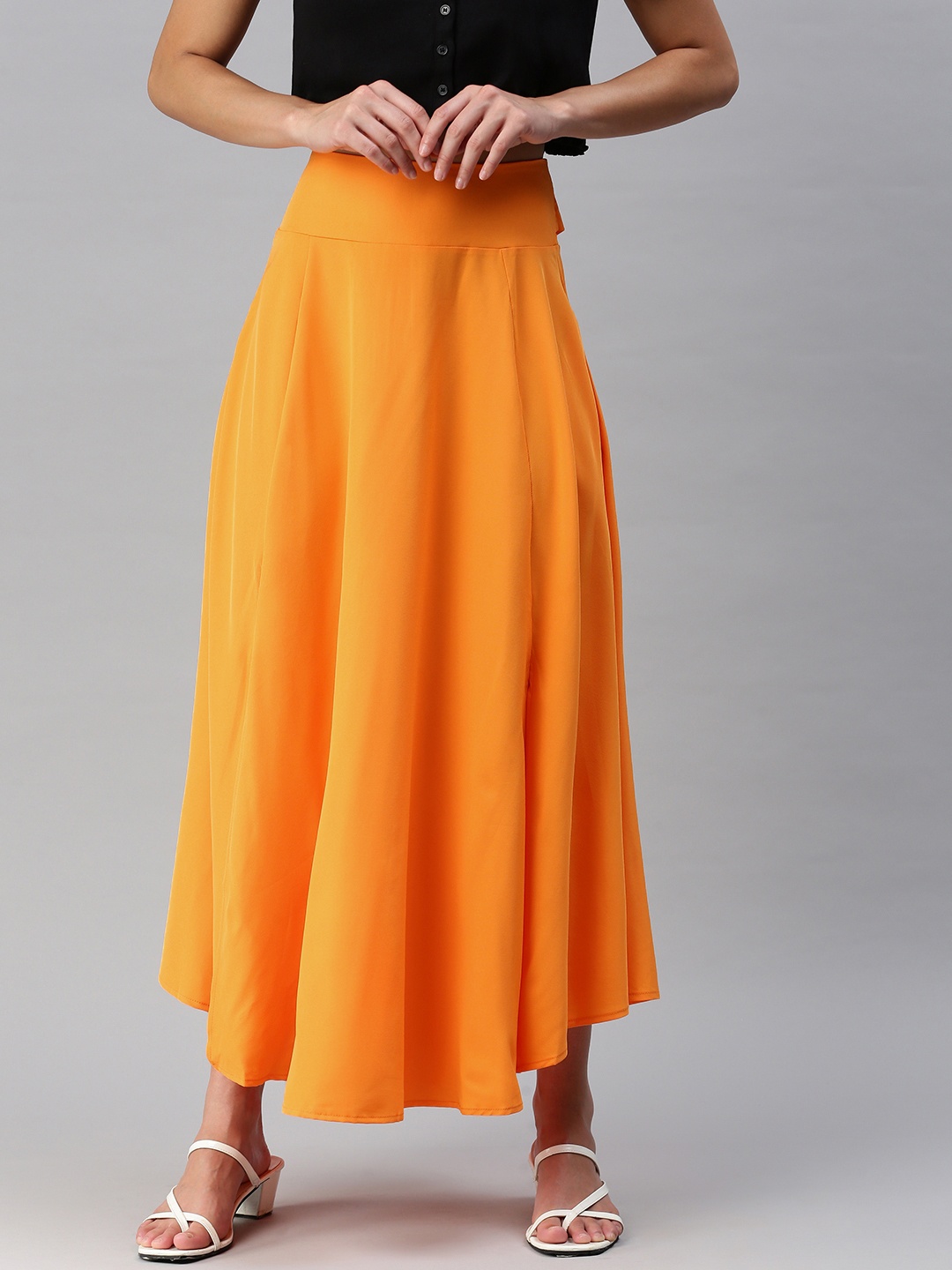 

London Rag Solid Flared Maxi Skirt, Orange