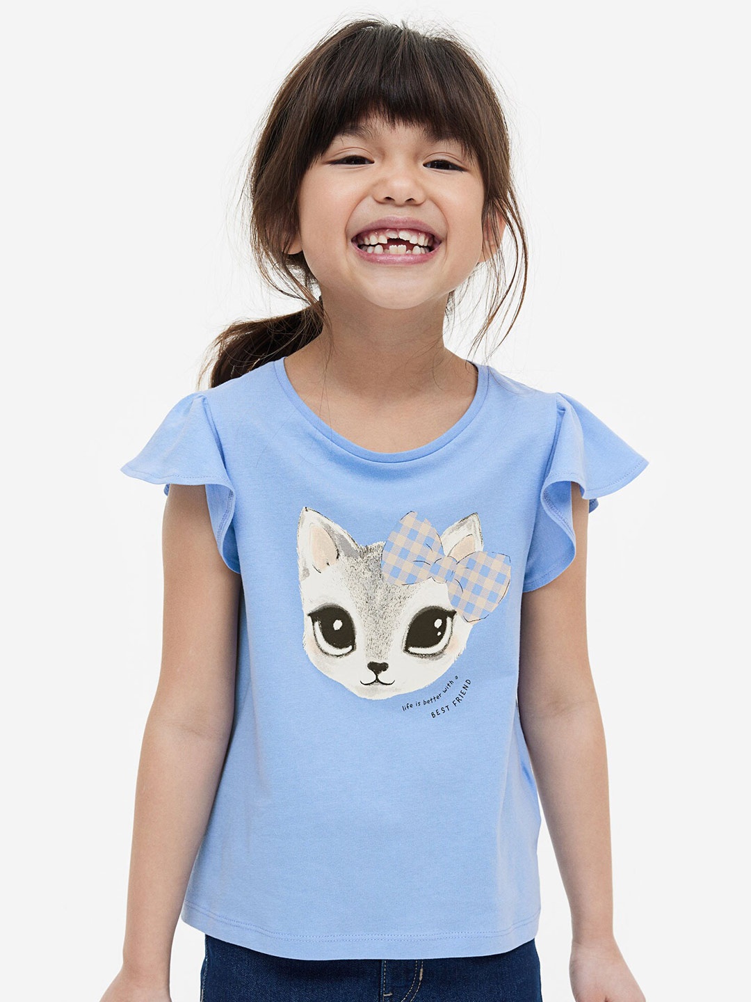 

H&M Girls Flutter-Sleeved Jersey Top, Blue