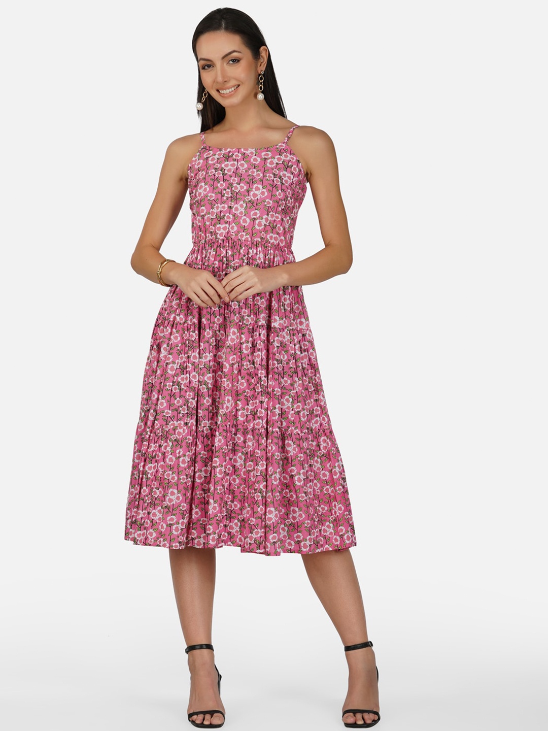 

METRO-FASHION Floral Printed Shoulder Strap Fit & Flare Midi Dress, Pink